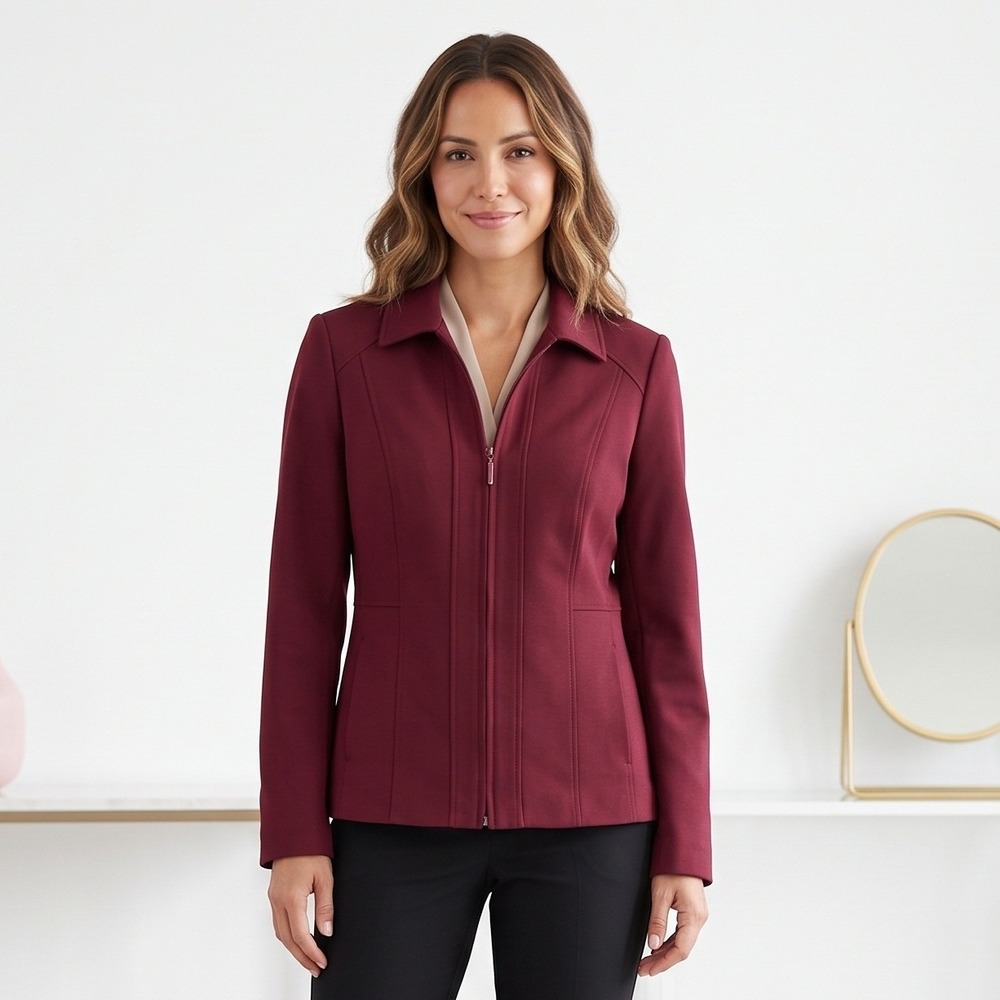 Chicos Zip Front Jacket Women Size 4 Burgundy Red Ponte Knit Professional Work